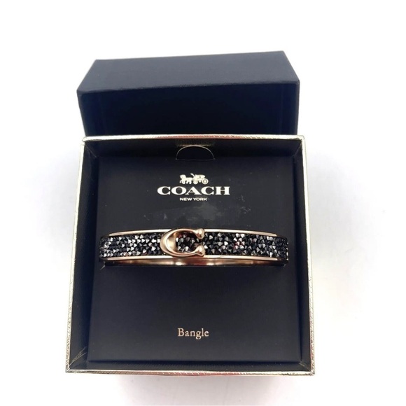 NIB COACH Logo Hinged Bangle Bracelet Rose Gold Tone Black Sprinkle Stone Druzy - Picture 2 of 12